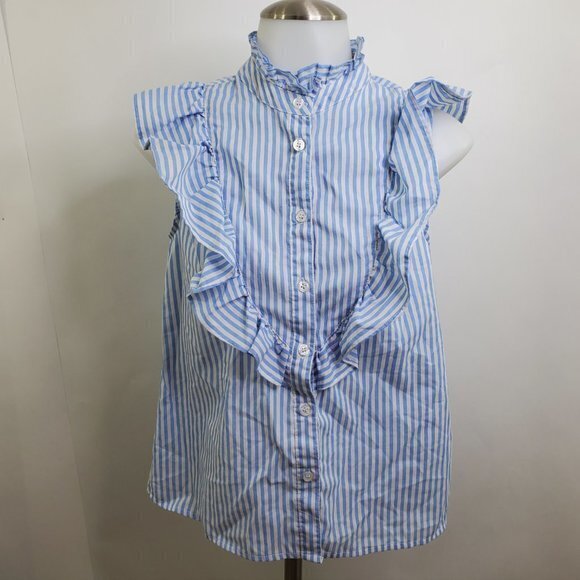 Love J Top S Stripe White Blue Ruffle Button Up Sl - Picture 2 of 10